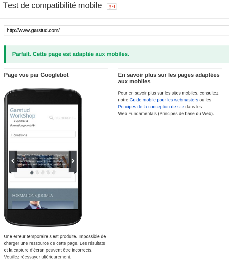 Résultat du test de compatibilité Mobile réussi de Google